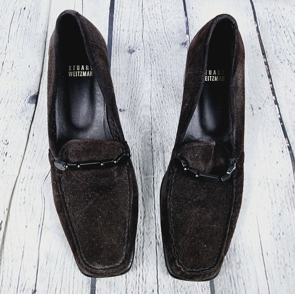 STUART WEITZMAN | perforated suede leather square toe heeled loafer shoes - Picture 2 of 11